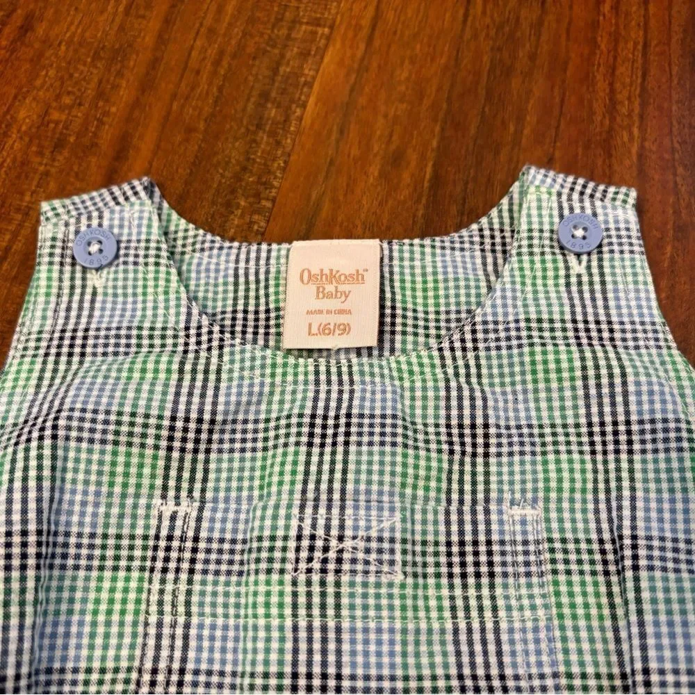 OshKosh Baby vintage y2k seersucker embroidered bugs blue/green plaid romper NWT